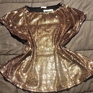 Cotton Bleu Gold Sequin Dots on Black Dress Blouse NWT